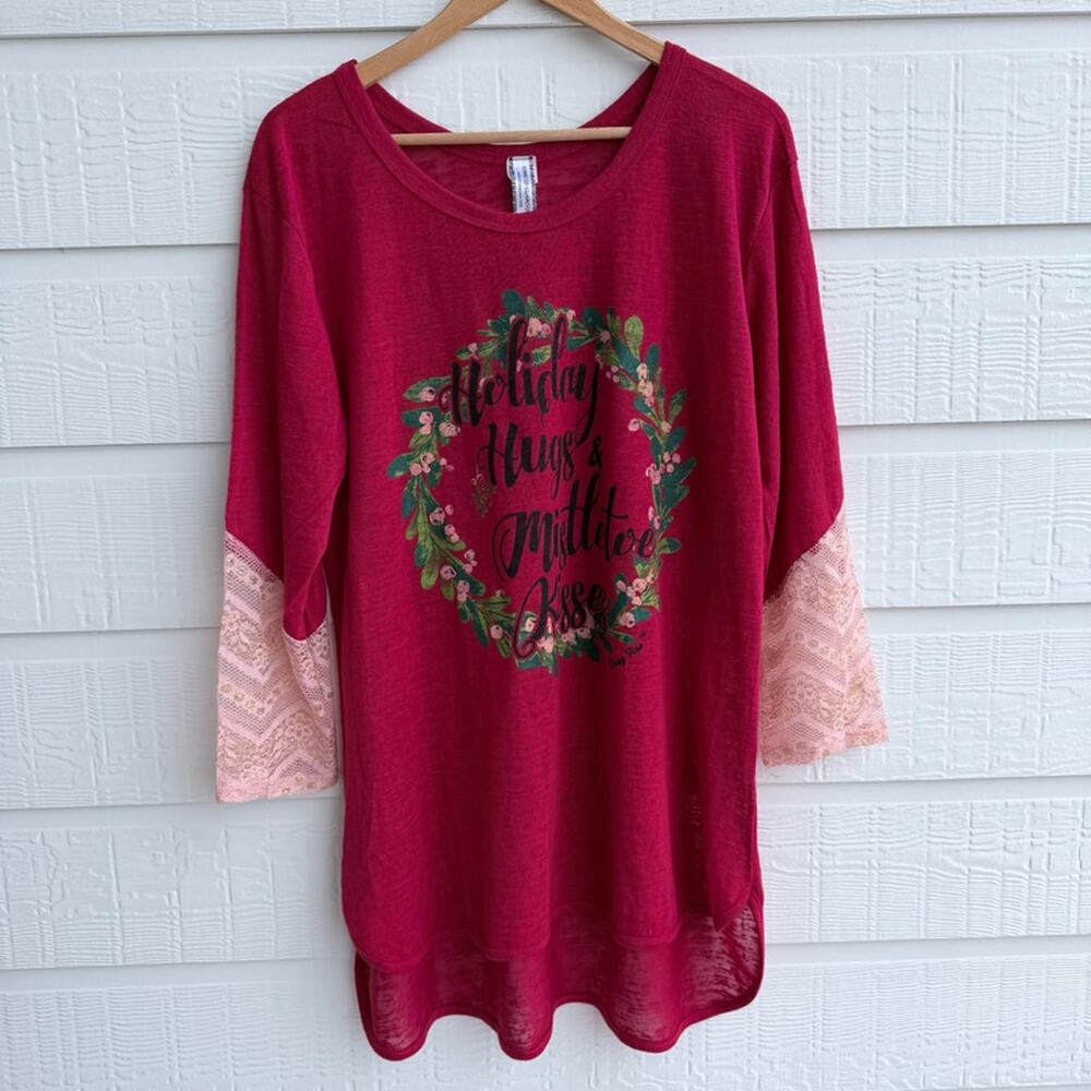 Giddy Up Glamour Christmas Tunic Lace Sleeve Hi Low Top 2XL